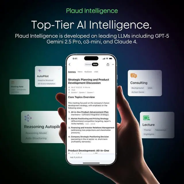 Alt view image 6 of 7 - NotePin Voice Recorder, AI Voice Recorder, App Control, AI Notetaker, AI Transcribe & Summarize, Support 112 Languages, 64GB Memory, Audio Recorder for Lectures, Meetings, Lunar Silver