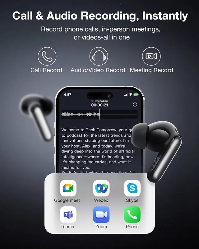 Alt view image 4 of 7 - RecDot AI Voice Recorder Earbuds,  AI Meeting Assistant with Transcription, 17 Languages, FlashRecord, to-Do Lists & Summaries with AI, 48dB ANC for Meetings, Interviews & Lectures, Black
