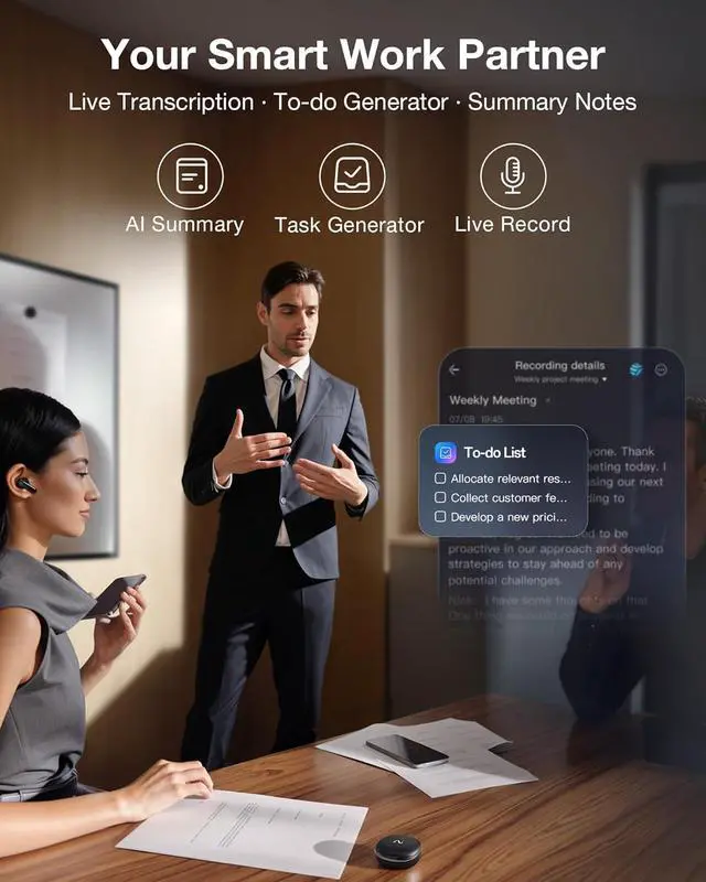 Alt view image 2 of 7 - RecDot AI Voice Recorder Earbuds,  AI Meeting Assistant with Transcription, 17 Languages, FlashRecord, to-Do Lists & Summaries with AI, 48dB ANC for Meetings, Interviews & Lectures, Black