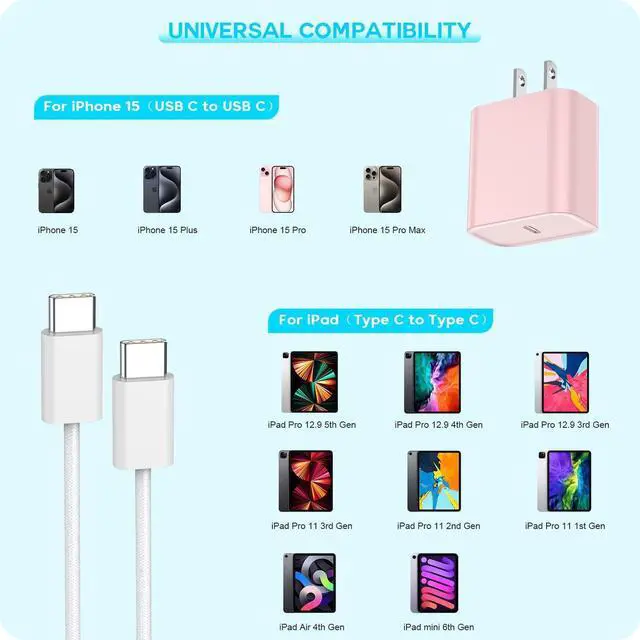 Alt view image 2 of 7 - [Apple MFi Certified] iPhone 16 Pro Max Quick Charger,3Pack 20W USB C Wall Charger Block and 6 Feet USB C to USB C Fast Charging Cable for iPhone 16/16 Plus/Pro/Pro Max/iPhone 15/15 Pro Max/Plus(Pink)