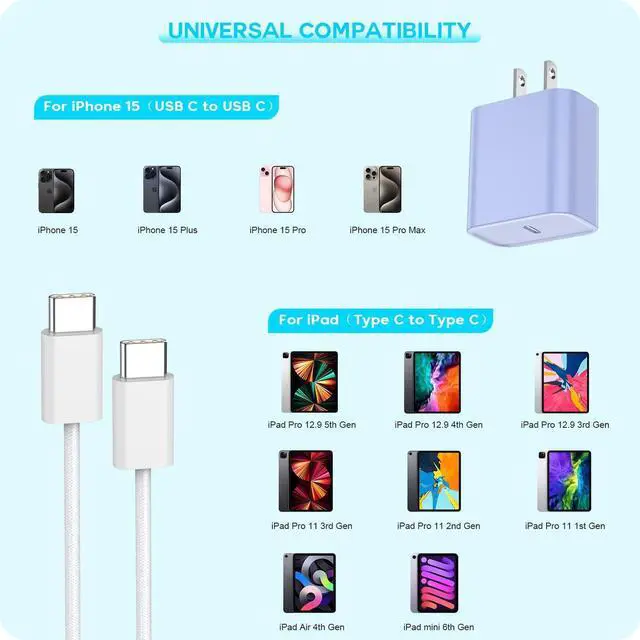 Alt view image 2 of 7 - Apple iPhone 16 15 Charger Fast Charging [Apple MFi Certified]3Pack 20W USB Type C Charging Block with Long 6 FT Fast Charging Cable for iPhone 16/16 Pro/Pro Max,iPhone 15/15 Pro Max/Plus/iPad(Purple)