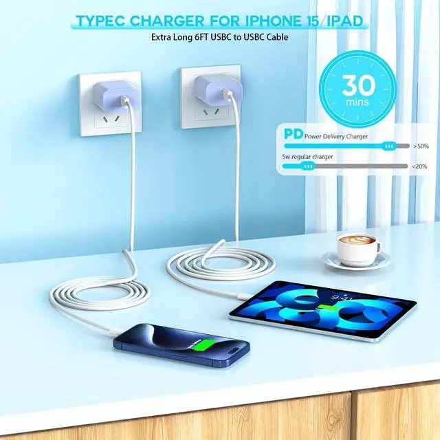 Alt view image 4 of 7 - Apple iPhone 16 15 Charger Fast Charging [Apple MFi Certified]3Pack 20W USB Type C Charging Block with Long 6 FT Fast Charging Cable for iPhone 16/16 Pro/Pro Max,iPhone 15/15 Pro Max/Plus/iPad(Purple)