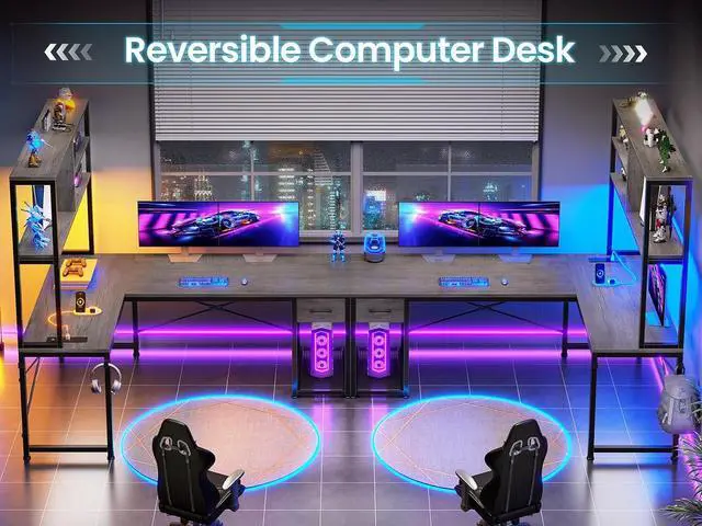 Alt view image 5 of 7 - 51.2" L Shaped Gaming Desk, Reversible Small Corner Desk with Drawer, Power Outlet & LED Lights, Computer Desk with Storage Shelves for Small Space, Grey