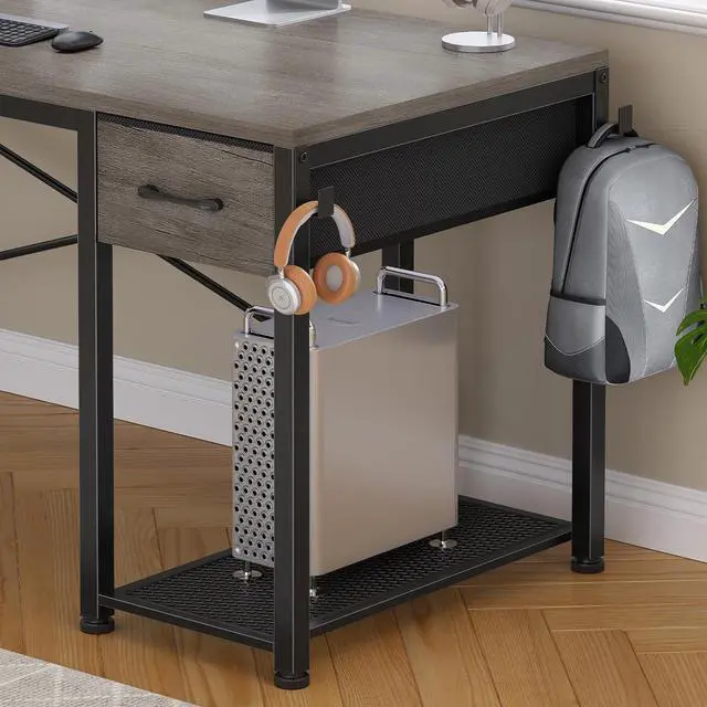 Alt view image 6 of 7 - 51.2" L Shaped Gaming Desk, Reversible Small Corner Desk with Drawer, Power Outlet & LED Lights, Computer Desk with Storage Shelves for Small Space, Grey