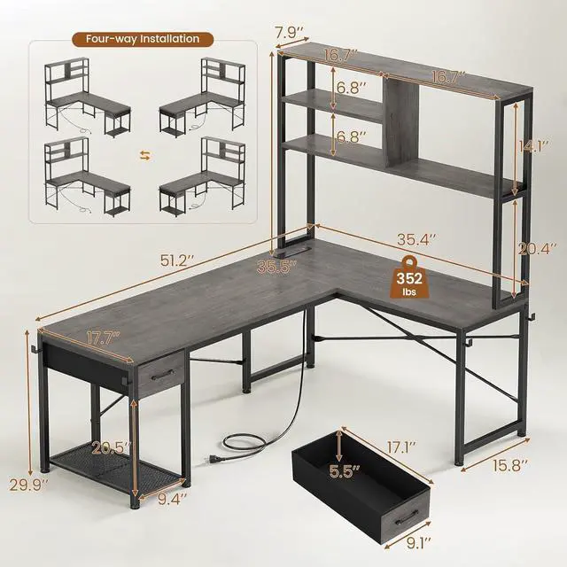 Alt view image 2 of 7 - 51.2" L Shaped Gaming Desk, Reversible Small Corner Desk with Drawer, Power Outlet & LED Lights, Computer Desk with Storage Shelves for Small Space, Grey