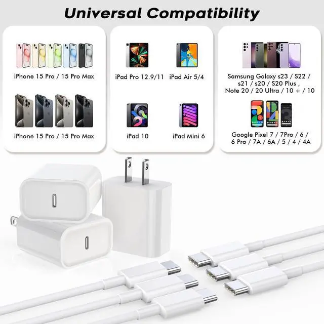 Alt view image 2 of 7 - Fast USB C Charger Block,3Pack Long 6FT USB C to USB C Cable iPad Cord 20W iPhone 16 15 Charger Fast Charging for iPhone 16/16 Pro/15/15Pro/Pro Max/Plus,iPad 10th,iPad Air 5/4th,iPad Mini 6th,iPad Pro