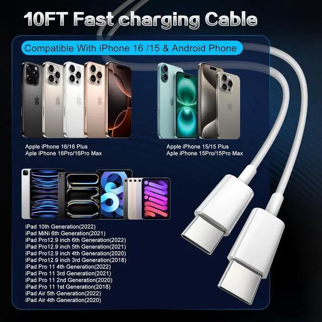Alt view image 3 of 7 - iPhone 16 Charger 45W USB C Charger Fast Charging Block,2Pack Quick Type C Phone Wall Chargers Adapter 10FT Long USB C Charging Cable for iPhone 16/16 Pro/16 Pro Max/16e/15/15 Pro/15 Pro Max/iPad Pro