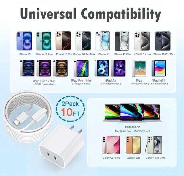 Alt view image 6 of 7 - Fast Charger for iPhone 16,2Pack PD USB C iPhone Charger Dual USB C Port Charger Block with 10 Foot Long USBC to C Charger Cable Cord. Compatible with iPhone 16/16 Pro/15 Pro Max,iPad Pro/Air/Mini