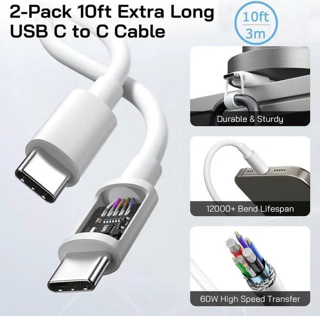 Alt view image 5 of 7 - Fast Charger for iPhone 16,2Pack PD USB C iPhone Charger Dual USB C Port Charger Block with 10 Foot Long USBC to C Charger Cable Cord. Compatible with iPhone 16/16 Pro/15 Pro Max,iPad Pro/Air/Mini