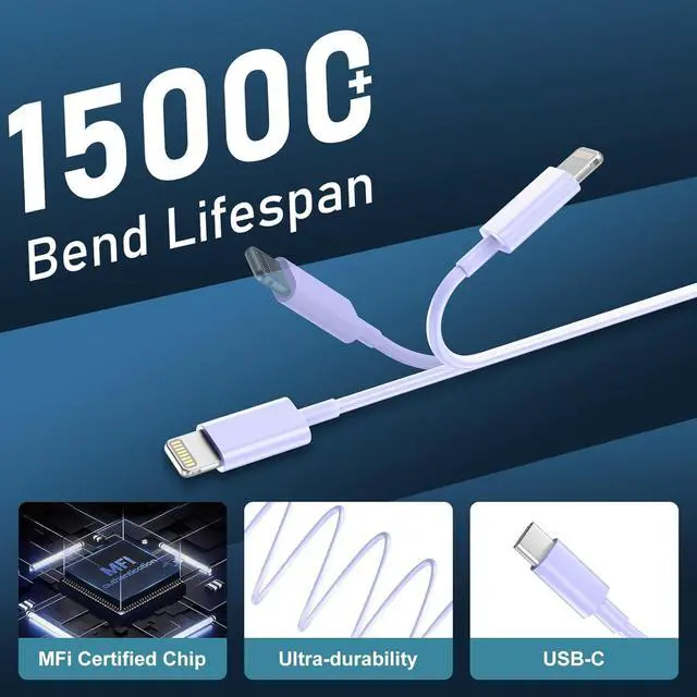 Alt view image 6 of 6 - Phone 14 13 12 11 Fast Charger,10FT Long Fast Charging Lightning Cable with 20W USB C Charger Block for Phone 14/14 Pro Max/13/13 Pro Max/12/12 Pro Max/11/11Pro/XS/Max/XR/X,Purple