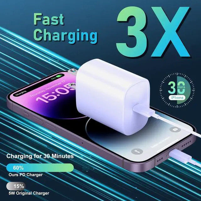 Alt view image 2 of 6 - Phone 14 13 12 11 Fast Charger,10FT Long Fast Charging Lightning Cable with 20W USB C Charger Block for Phone 14/14 Pro Max/13/13 Pro Max/12/12 Pro Max/11/11Pro/XS/Max/XR/X,Purple