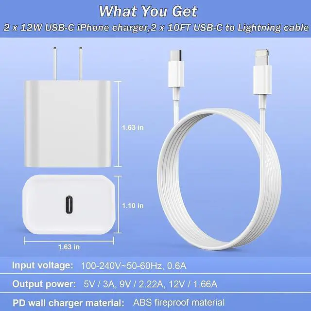 Alt view image 6 of 7 - iPhone Fast Charger, [Apple MFi Certified] 2 Pack PD USB C Wall Charger Block Plug with 10FT Extra Long Type C to Lightning Fast Charging Data Sync Cable for iPhone 14 13 12 11 XR X 8 iPad and More