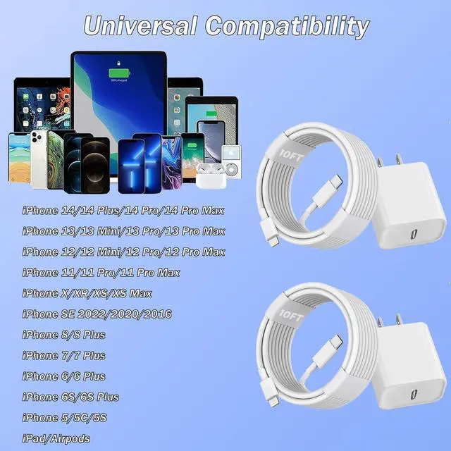 Alt view image 7 of 7 - iPhone Fast Charger, [Apple MFi Certified] 2 Pack PD USB C Wall Charger Block Plug with 10FT Extra Long Type C to Lightning Fast Charging Data Sync Cable for iPhone 14 13 12 11 XR X 8 iPad and More