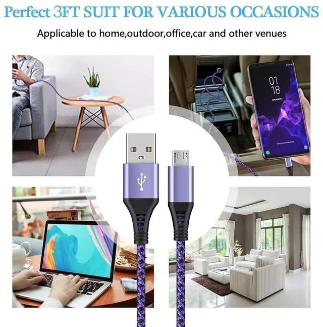Alt view image 6 of 7 - Micro USB Cable, [4Pack/3Ft] Android USB Male to Micro B Charger Cord, Fast Charging Speed Data Wire Nylon Colored Braided Powerline Cable for Samsung Galaxy S7 S6 J7 J3 J8 A01 Kindle Fire Droid