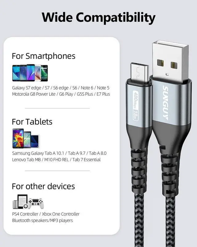 Alt view image 6 of 7 - Micro USB Cable 1FT[3Pack], 18W Short USB to Micro USB Cable Fast Charging USB 2.0 Data Sync Nylon Braided for Samsung Galaxy S7 Edge S6, Android Phone, PS4