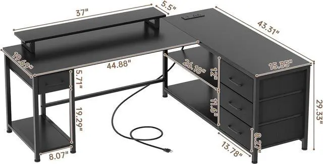 Alt view image 2 of 7 - L Shaped Gaming Desk with USB Charging Ports and LED Lights, Reversible Corner Desk with Drawers, Home Office Desk with Storage Shelves, Black