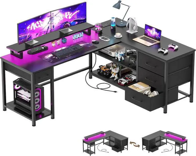 Main image of L Shaped Gaming Desk with USB Charging Ports and LED Lights, Reversible Corner Desk with Drawers, Home Office Desk with Storage Shelves, Black
