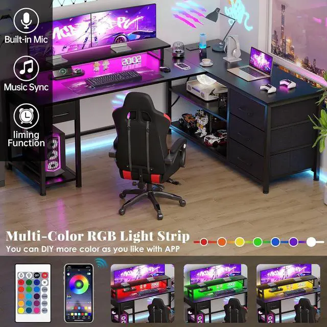 Alt view image 4 of 7 - L Shaped Gaming Desk with USB Charging Ports and LED Lights, Reversible Corner Desk with Drawers, Home Office Desk with Storage Shelves, Black