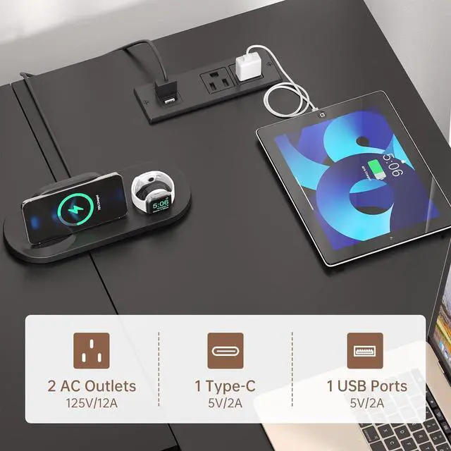 Alt view image 5 of 7 - L Shaped Gaming Desk with USB Charging Ports and LED Lights, Reversible Corner Desk with Drawers, Home Office Desk with Storage Shelves, Black