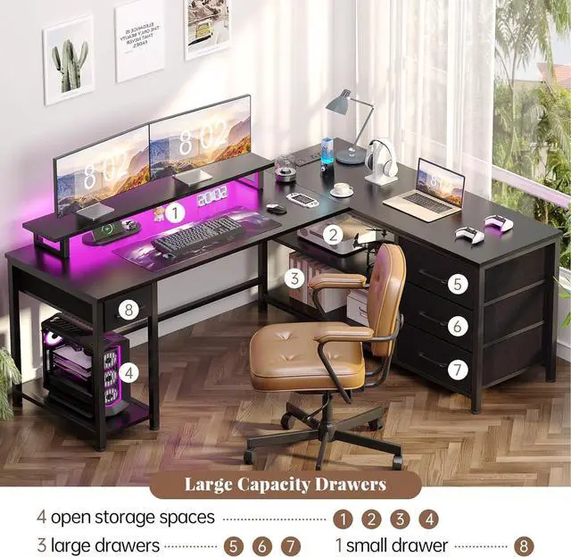 Alt view image 6 of 7 - L Shaped Gaming Desk with USB Charging Ports and LED Lights, Reversible Corner Desk with Drawers, Home Office Desk with Storage Shelves, Black