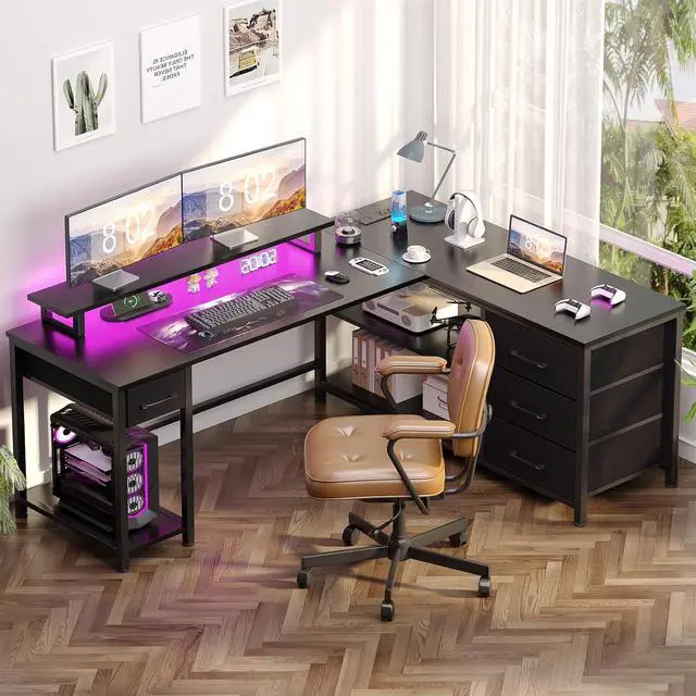 Alt view image 7 of 7 - L Shaped Gaming Desk with USB Charging Ports and LED Lights, Reversible Corner Desk with Drawers, Home Office Desk with Storage Shelves, Black