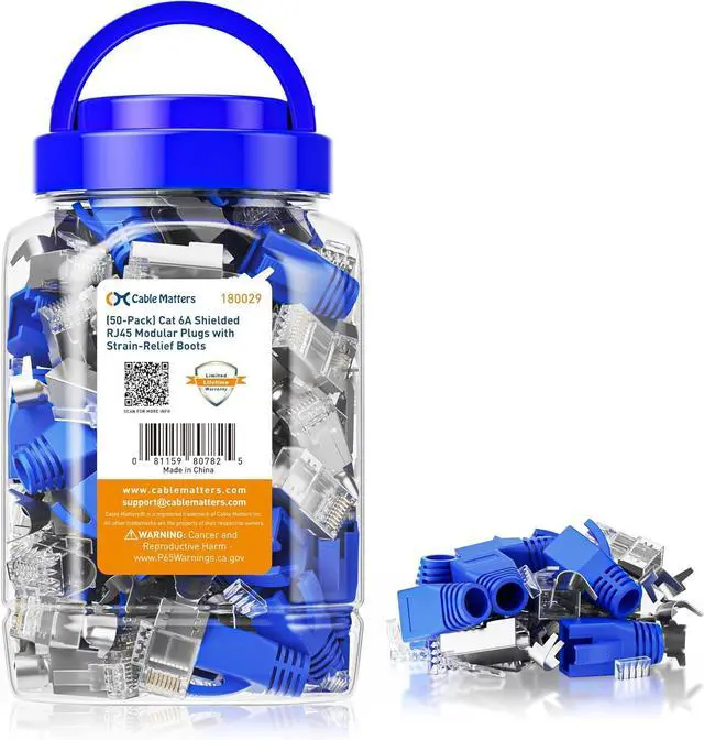 Main image of Cable Matters 50-Pack Cat6A RJ45 Shielded Modular Plugs with Strain Relief Boots, 50µ Gold Plated, Cat 6A Shielded RJ45 Connectors, Cat6a RJ45 Connector