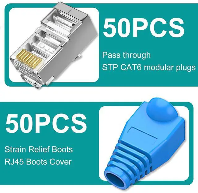 Alt view image 4 of 7 - 50-Pack Cat 6 Shielded Pass Through RJ45 Connectors + 50Pack RJ45 Boots, 8P8C Modular Ethernet STP Network Cable Plug End for Cat6 Cat5e