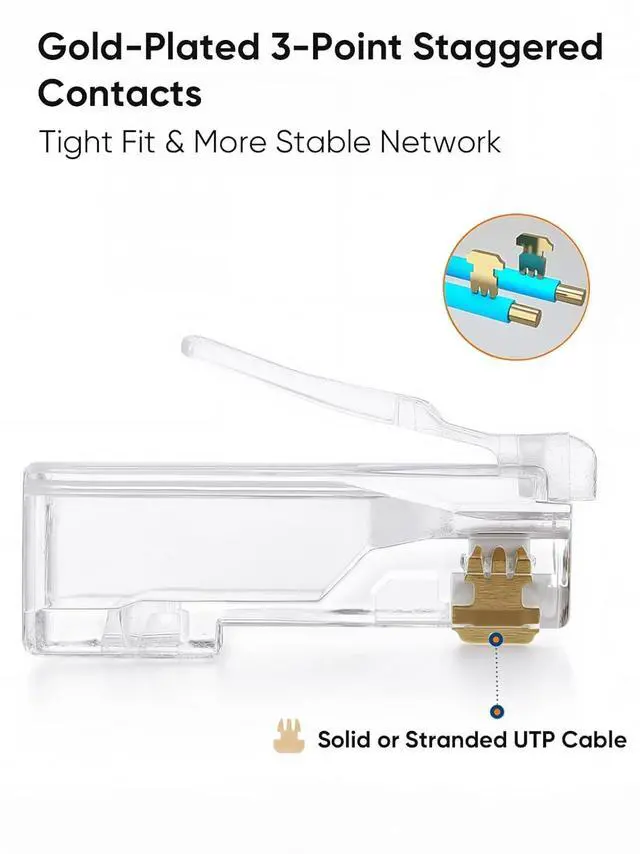 Alt view image 4 of 5 - Cat6 RJ45 Connectors, 100-PACK Cat6 RJ45 Ends, Ethernet Cable Crimp Connectors UTP Network Plug for Solid Wire and Standard Cable, Transparent