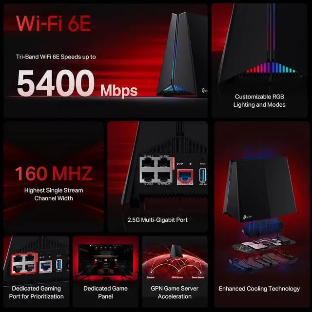 Alt view image 2 of 7 - TP-Link Tri-Band AXE5400 Wi-Fi 6E Gaming Router Archer GXE75 | 6-Stream 5.4 Gbps | 1×2.5G + 4×1G Ports, USB 3.0 | Exclusive Acceleration, Gaming Port & Panel, RGB Lighting | EasyMesh, HomeShield