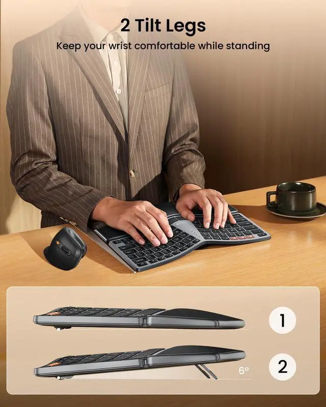 Alt view image 3 of 7 - ProtoArc Bluetooth Ergonomic Keyboard, EK04 Mini Compact Wireless Ergo Keyboard with Palm Rest, Split Design, Natural Typing, Bluetooth and USB, Rechargeable, for Windows/Mac - Grey