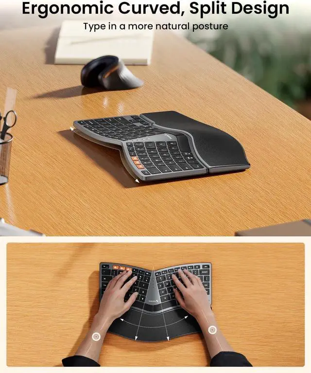 Alt view image 2 of 7 - ProtoArc Bluetooth Ergonomic Keyboard, EK04 Mini Compact Wireless Ergo Keyboard with Palm Rest, Split Design, Natural Typing, Bluetooth and USB, Rechargeable, for Windows/Mac - Grey