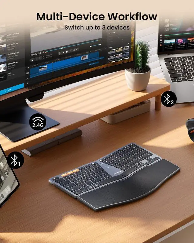 Alt view image 5 of 7 - ProtoArc Bluetooth Ergonomic Keyboard, EK04 Mini Compact Wireless Ergo Keyboard with Palm Rest, Split Design, Natural Typing, Bluetooth and USB, Rechargeable, for Windows/Mac - Grey