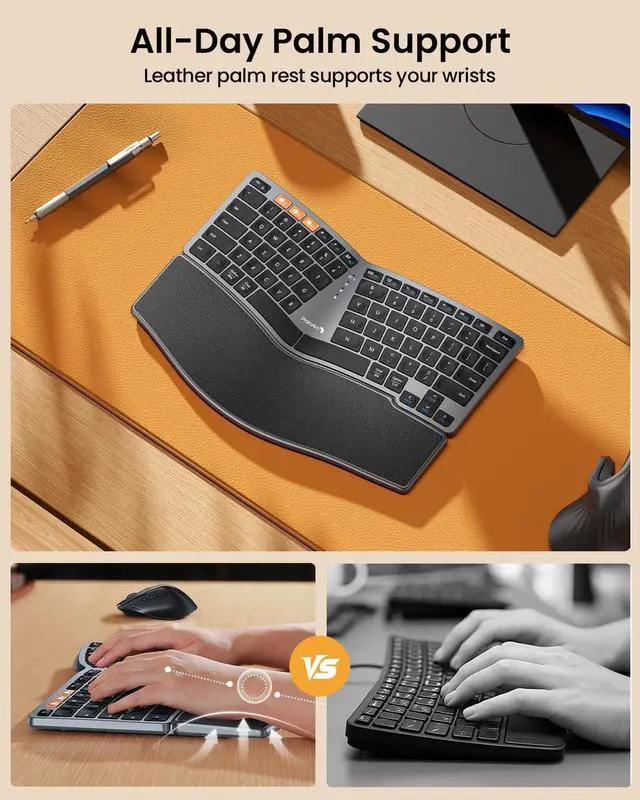 Alt view image 4 of 7 - ProtoArc Bluetooth Ergonomic Keyboard, EK04 Mini Compact Wireless Ergo Keyboard with Palm Rest, Split Design, Natural Typing, Bluetooth and USB, Rechargeable, for Windows/Mac - Grey