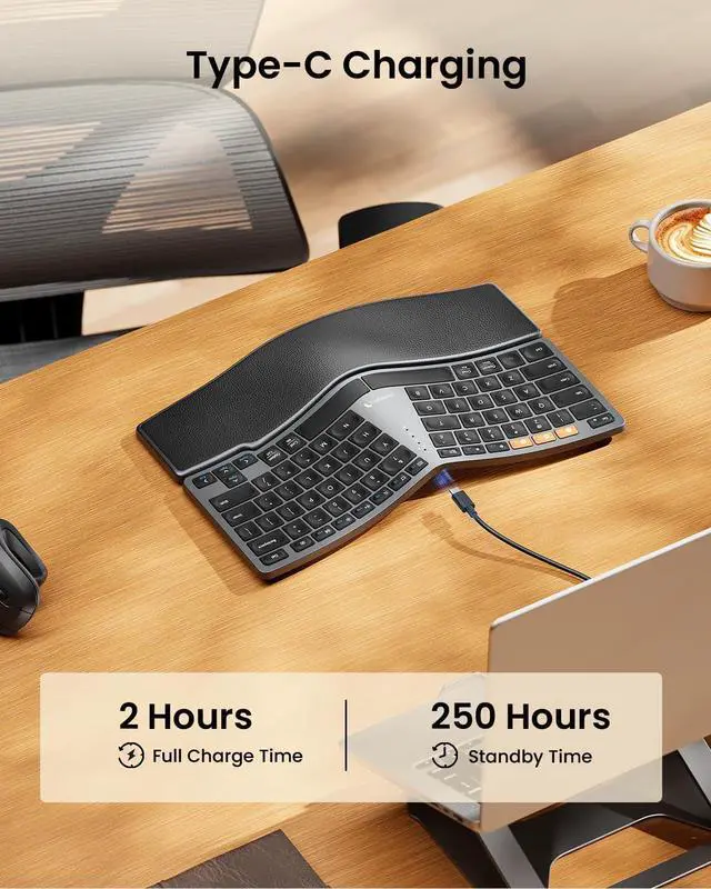 Alt view image 6 of 7 - ProtoArc Bluetooth Ergonomic Keyboard, EK04 Mini Compact Wireless Ergo Keyboard with Palm Rest, Split Design, Natural Typing, Bluetooth and USB, Rechargeable, for Windows/Mac - Grey