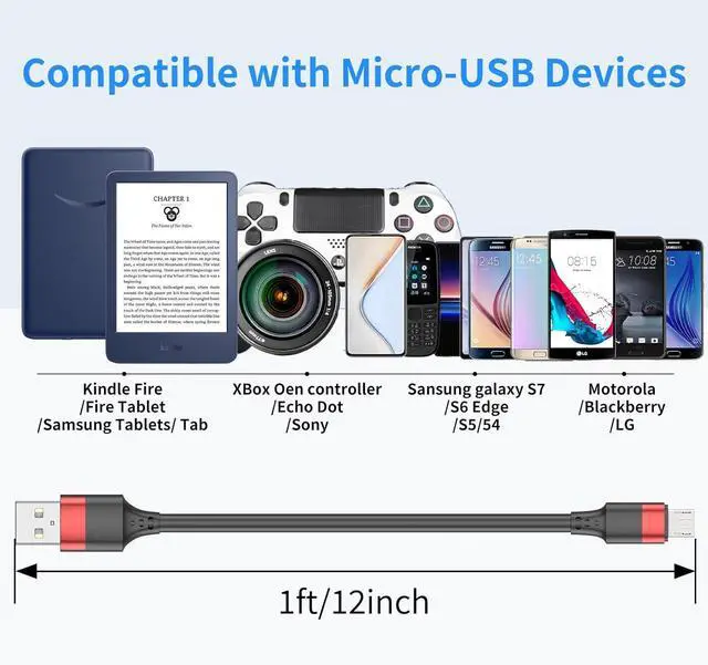Alt view image 2 of 7 - 10 Pack Short Micro USB Cable 1ft, Bulk 12 inch Micro USB Cable Pack, Durable USB 2.0 Android Charger Cords for Charging Stations Samsung Galaxy S6 S7 J7 Note 5 LG Kindle Fire Sony PS4 TV Sticks