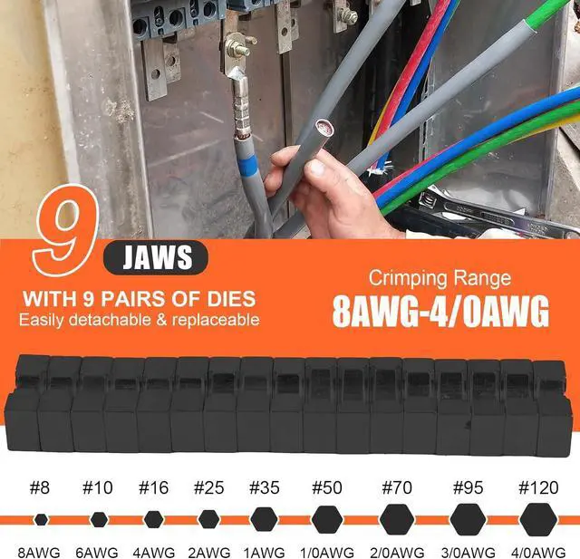 Alt view image 2 of 7 - Hydraulic Crimping Tool 12 Tons, Range 8AWG-4/0AWG(250MCM), Hydraulic Cable Lug Crimper with Standard US 9 Pairs of Dies for Wire Battery Cable Terminal Crimping Tool