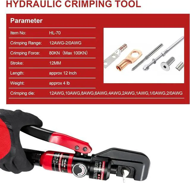 Alt view image 2 of 6 - Hydraulic Crimping tool for Battery Cable Crimper | 9 Pairs Standard US Dies Range 12AWG-2/0AWG | MAX 10TON Crimping Force | Upgrade the Hydraulic System to Prevent Oil Leakage