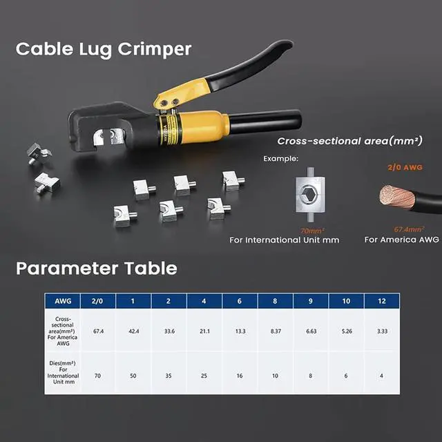 Alt view image 7 of 7 - 10T Hydraulic Crimping Tool 12-2/0 AWG Battery Cable Crimping Tool 0.43 inch Stroke Hydraulic Lug Crimper Electrical Terminal Crimper with 9 Pairs of Die Sets