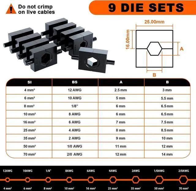Alt view image 3 of 7 - Hydraulic Crimping Tool 10 Tons 12 AWG to 2/0 AWG, Battery Cable Lug Wire Terminal Crimper with 9 Die Sets, 1/8 Wire Rope Crimping Tool