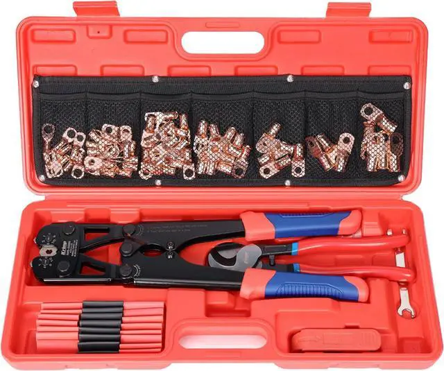 Main image of Battery Cable Lug Crimping Tool Kit for 8-1/0 AWG - 63pcs Copper Lugs & 25pcs Heat Shrink Tubes, Wire Cutter & Stripper