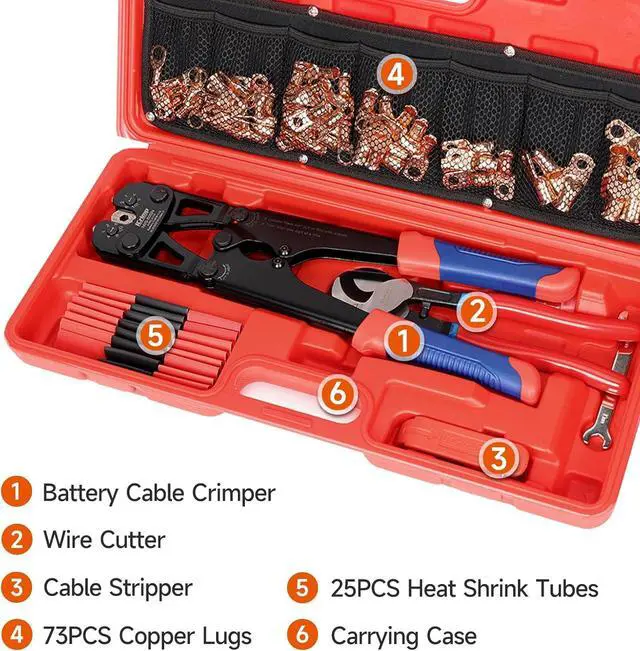 Alt view image 2 of 7 - Battery Cable Lug Crimping Tool Kit for 8-1/0 AWG - 63pcs Copper Lugs & 25pcs Heat Shrink Tubes, Wire Cutter & Stripper