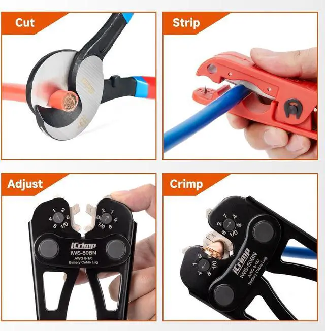 Alt view image 7 of 7 - Battery Cable Lug Crimping Tool Kit for 8-1/0 AWG - 63pcs Copper Lugs & 25pcs Heat Shrink Tubes, Wire Cutter & Stripper