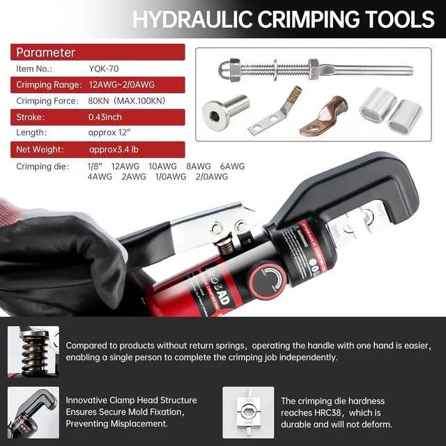 Alt view image 3 of 6 - Hydraulic Crimping Tool with 9 Dies - Battery Cable Crimper Tool & Wire Rope Crimping Tool for 12 to 2/0 AWG, 1/16" 1/8" 3/16" Stainless Steel Cable Railing Tool