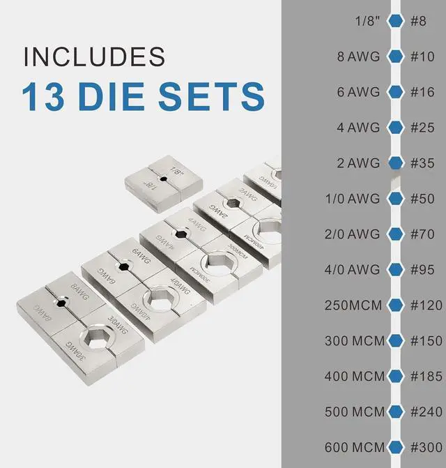 Alt view image 2 of 7 - Industrial Hydraulic Cable Lug Crimper 16 Ton 9 AWG to 600 MCM Electrical Terminal Cable Wire Tool Kit Includes 13 Pairs of Die Sets