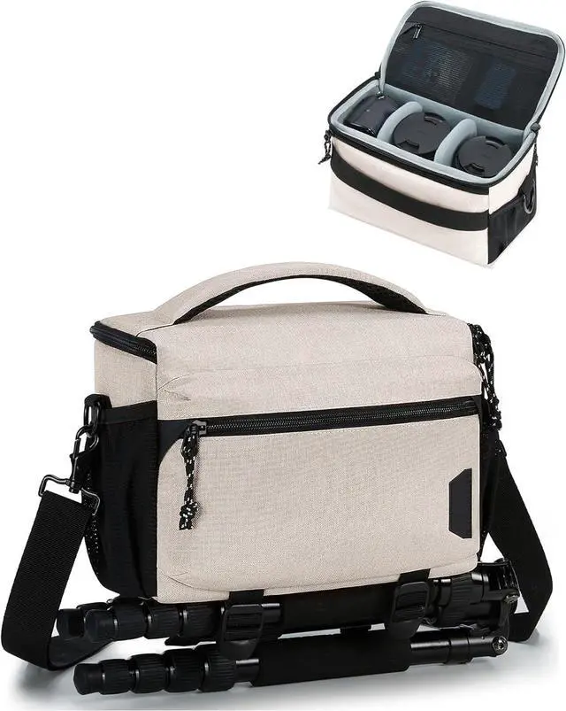 Main image of Small Camera Bag for Photographers, Compact Camera Shoulder Bags for DSLR/SLR/Mirrorless Cameras, Waterproof Crossbody Camera Case with Tripod Holder, Ivory White