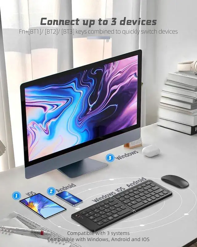 Alt view image 2 of 6 - Wireless Bluetooth Keyboard & Mouse Combo, Foldable Mini Portable Typepad for iPad, iPhone, Tablet,Folding Rechargeable & Compatible with iOS, Windows, Android Devices, Laptops & Smartphones