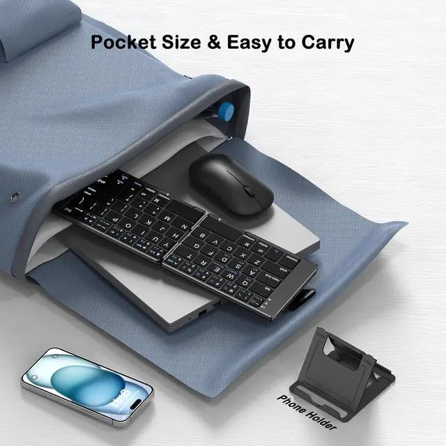 Alt view image 6 of 7 - Foldable Keyboard and Mouse, Folding Wireless Keyboard Mouse Combo with Phone Holder, 2.4G Wireless and Bluetooth, USB-C Rechargeable Portable Combo for iOS Android Windows Mac OS