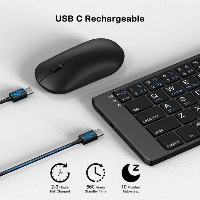 Alt view image 4 of 7 - Foldable Keyboard and Mouse, Folding Wireless Keyboard Mouse Combo with Phone Holder, 2.4G Wireless and Bluetooth, USB-C Rechargeable Portable Combo for iOS Android Windows Mac OS