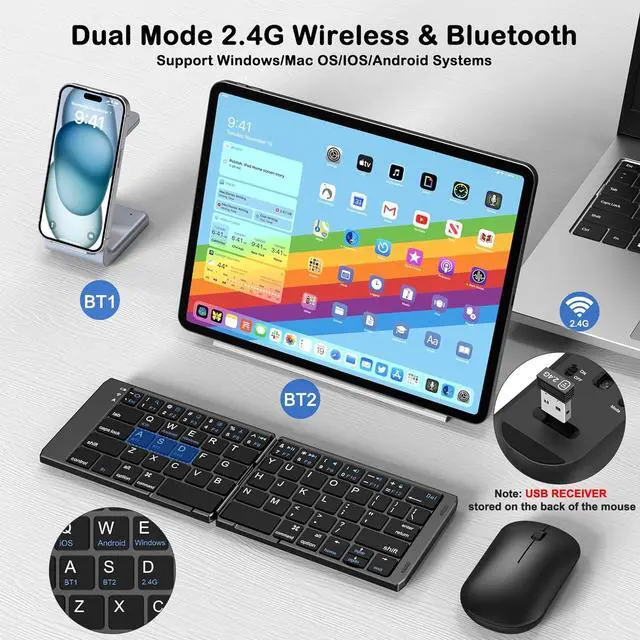 Alt view image 3 of 7 - Foldable Keyboard and Mouse, Folding Wireless Keyboard Mouse Combo with Phone Holder, 2.4G Wireless and Bluetooth, USB-C Rechargeable Portable Combo for iOS Android Windows Mac OS