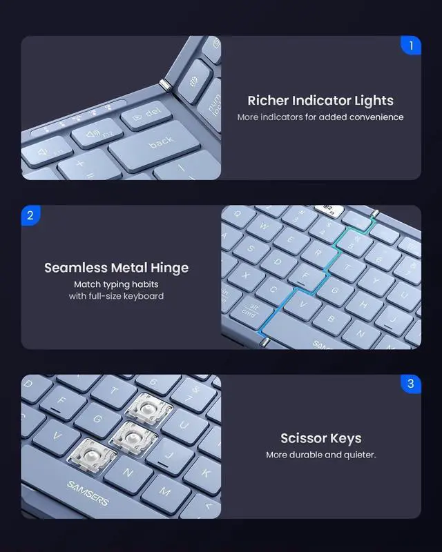 Alt view image 6 of 7 - Foldable Keyboard and Mouse,Folding Bluetooth Keyboard Combo, 2.4G + BT5.0 x 2, Full-Size Portable Travel Keyboard & Rechargeable Wireless Mouse for Windows Android iOS Mac OS, Blue
